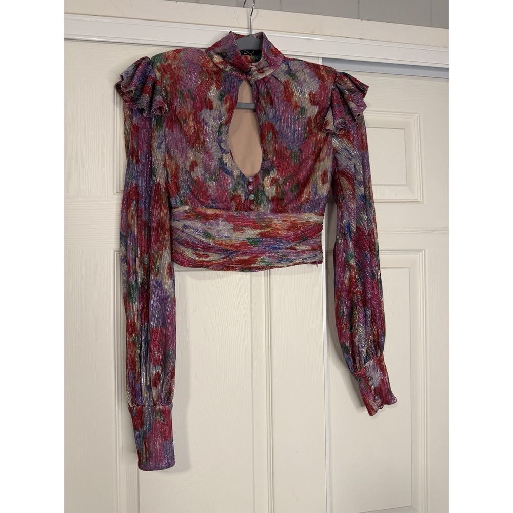 PatBO Lurex Keyhole Metallic Sheer Crop Top Bohemian Floral Balloon Sleeve Artsy - Picture 2 of 8